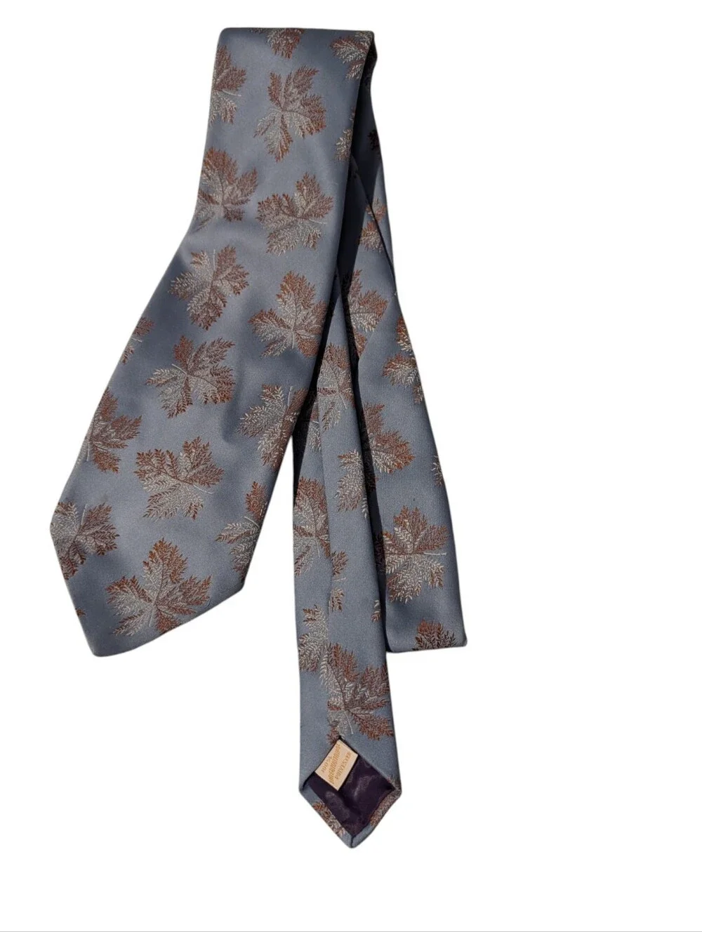 70s Vintage Blue Brown Embroidered Leaf Design Men's Tie